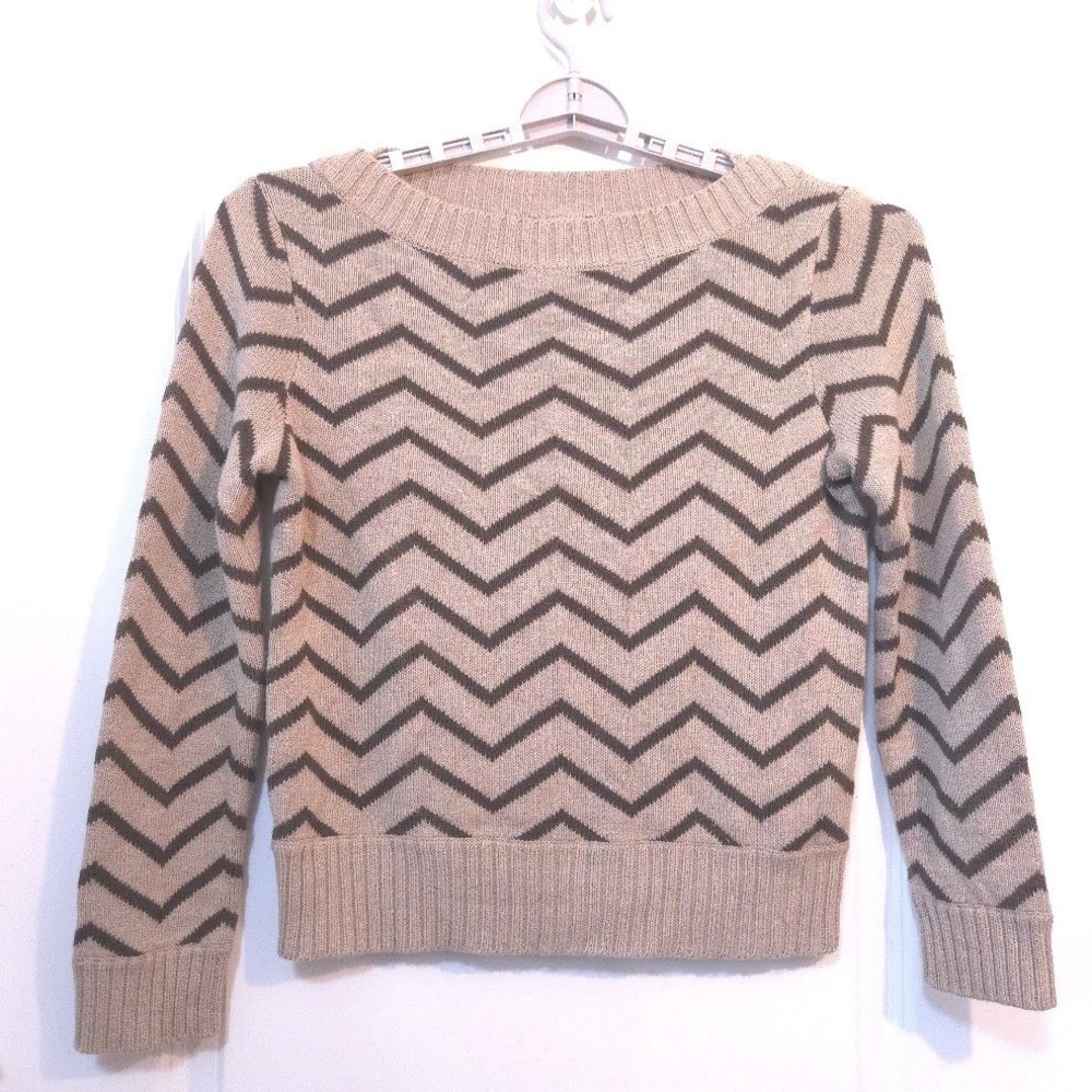 Liz Claiborne Lizsport Womens Sweater Chevron Zigzag Tan Brown Cotton Blend S